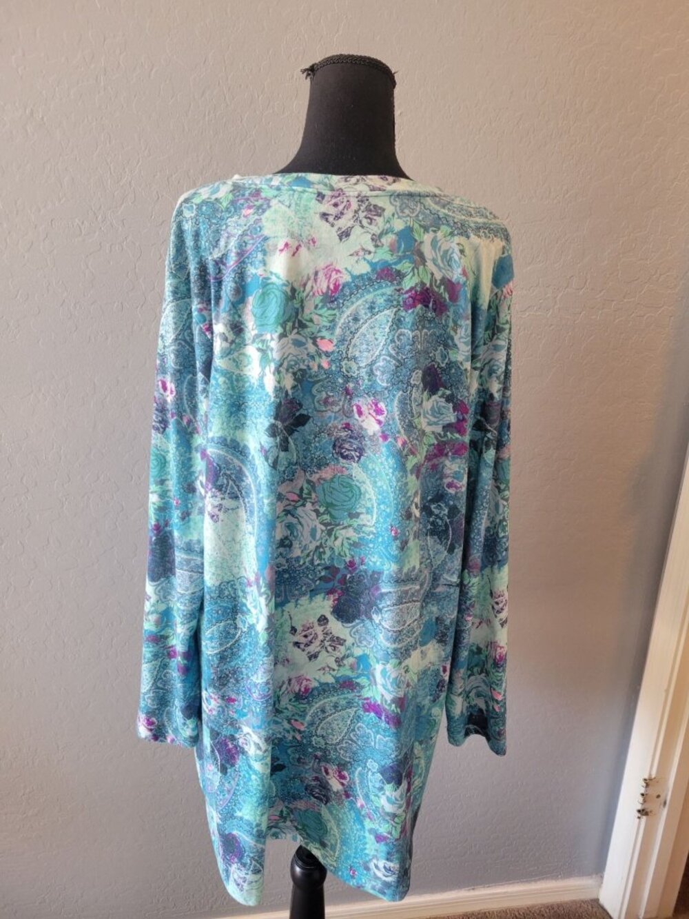 Soft Surroundings tunic top featuring a blue floral paisley print and a V-neck - Picture 6 of 11
